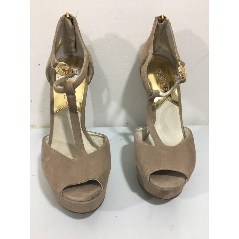 Michael Kors Womens Tan Suede Women's T-Strap 5" Heel Shoes Sz 6 M